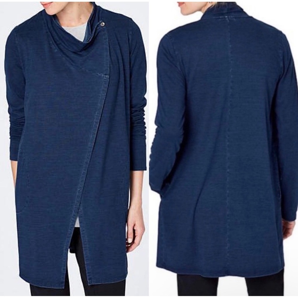 Pure Jill Indigo Blue Lyocell Blend Drape Front Cardigan Tunic Pockets 2X Women